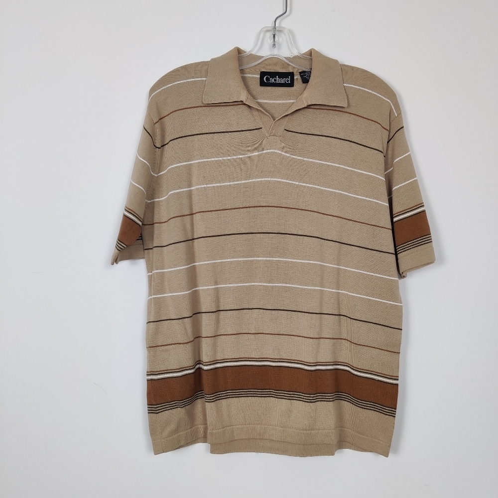Cacharel Men's Striped Polo Shirt 100% Cotton Tan Brown Quiet Luxury Old Money